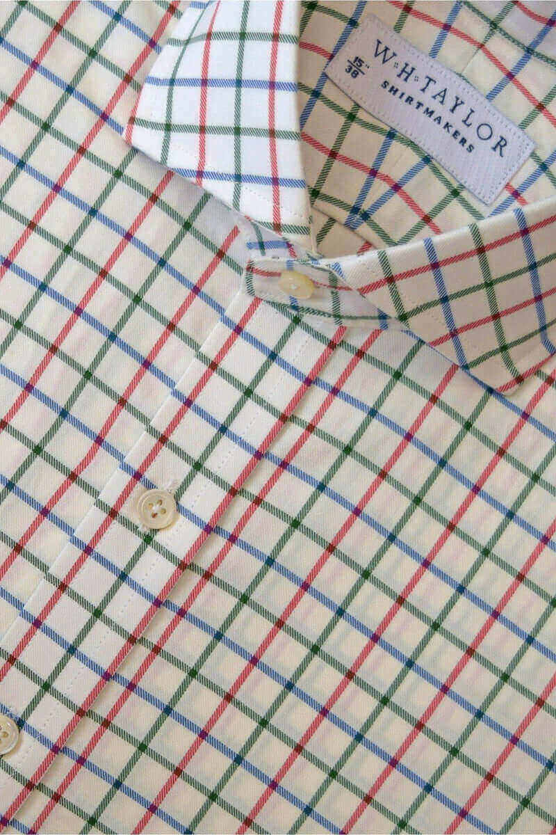 Blue, red, and forest green check twill men's bespoke shirt in classic English Tattersall pattern.
