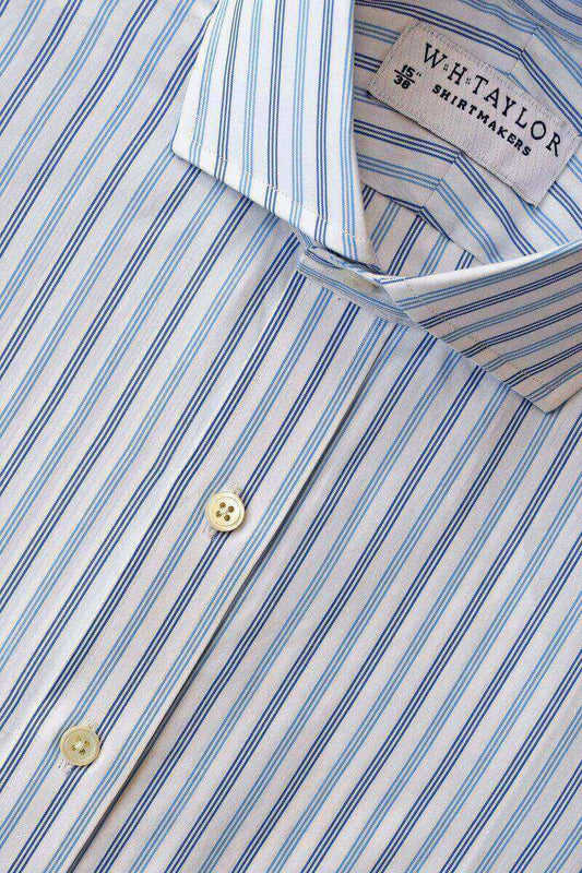 Blue & Navy Triple Pinstripe Poplin Ladies Bespoke Shirt - whtshirtmakers.com